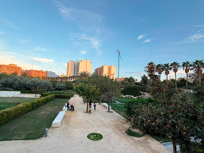 Центральный парк Parc Central в районе L&rsquo;Eixample в Валенсии с дорожками, пальмами и жилыми домами на закате